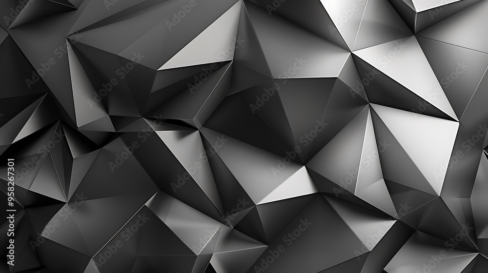 Poster Black white dark gray silver abstract pattern background. Line triangle angle fold 3D polygon