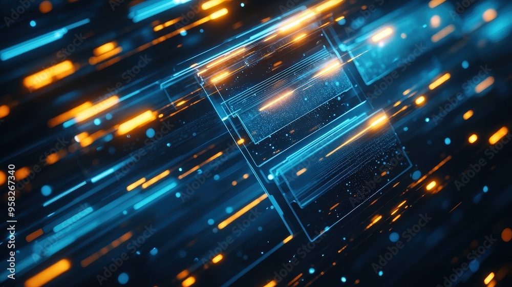 Poster abstract network grid with files and folders, futuristic software interface, digital document manage