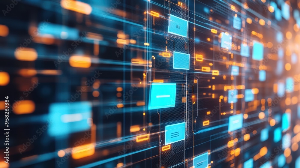 Poster abstract network grid with files and folders, futuristic software interface, digital document manage