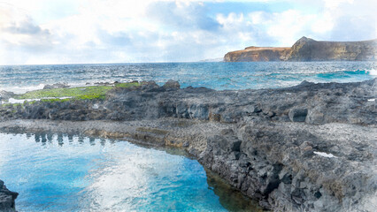 Fototapeta premium Watercolor illustration of Puerto de las Nieves in Agaete