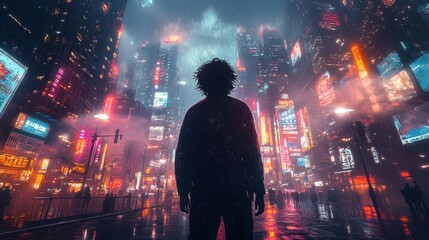 stylized anime character immersed in music walking through a vibrant cityscape filled with neon lights and towering skyscrapers exuding cool urban vibes