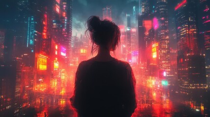 stylized anime character immersed in music walking through a vibrant cityscape filled with neon lights and towering skyscrapers exuding cool urban vibes