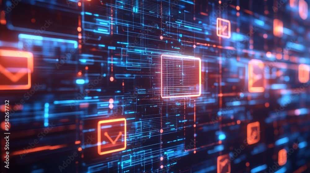 Poster abstract network grid with files and folders, futuristic software interface, digital document manage