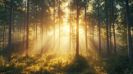 Obraz premium A serene forest illuminated by soft sunlight, creating a magical atmosphere filled with vibrant greenery and tranquility.