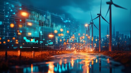 Futuristic cityscape with wind turbines and glowing digital elements at night