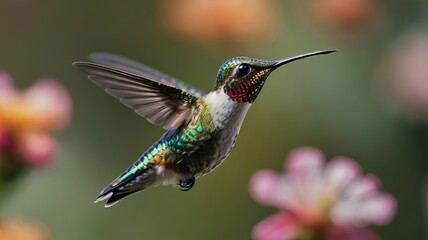 Fototapeta premium A cinematic close-up of a hummingbird hovering mid-flight, with a focus on its iridescent feathers and tiny beak.