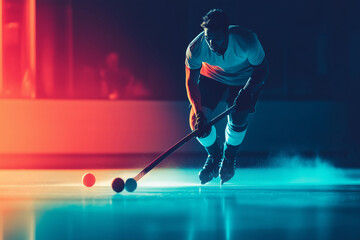 Naklejka premium A skilled hockey player glides gracefully across a rink illuminated by vibrant colors during a thrilling practice session
