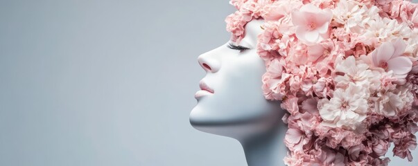 A serene mannequin adorned with pink flowers, capturing the beauty and harmony of nature in a minimalist setting.