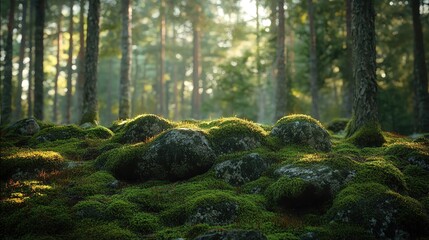 A serene forest landscape featuring moss-covered rocks and soft light filtering through tall trees, creating a tranquil atmosphere.