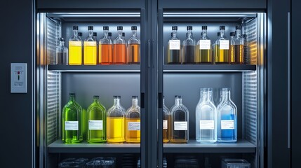 Fototapeta premium Glass Bottles Stored on Shelves in a Laboratory Cabinet