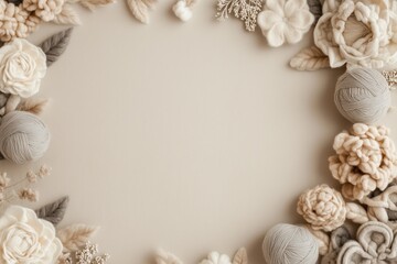 Balls of wool yarn and knit flowers on beige background with copy space.