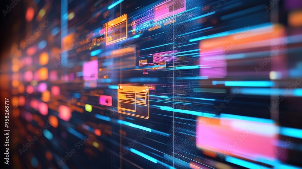 Poster abstract network grid with files and folders, futuristic software interface, digital document manage