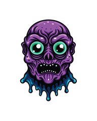 A cartoon alien monster with large, glowing eyes, a purple body, and a slimy blue dripping neck.