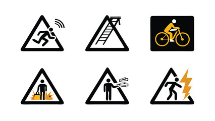 A set of six black and yellow hazard pictograms depicting various workplace safety concerns.