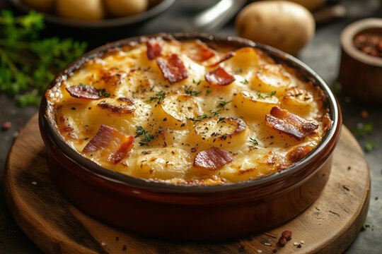 Delicious French tartiflette served hot with layers of creamy cheese and tender potatoes, perfect for a cozy meal
