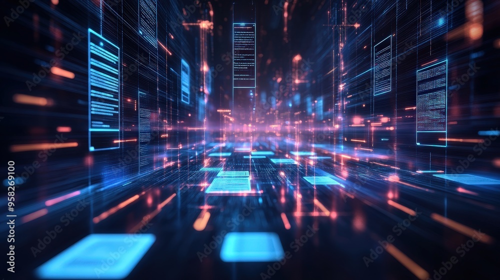 Poster abstract network grid with files and folders, futuristic software interface, digital document manage