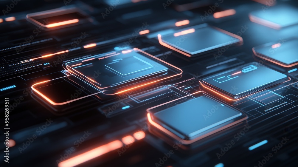 Poster abstract network grid with files and folders, futuristic software interface, digital document manage