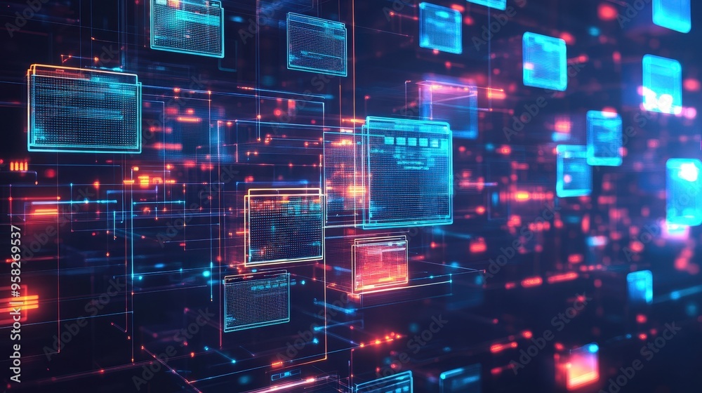 Poster abstract network grid with files and folders, futuristic software interface, digital document manage