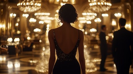 Elegant woman in a black dress standing in a luxurious ballroom