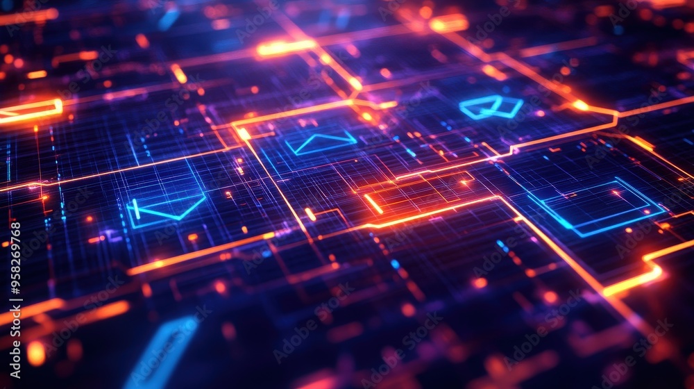 Poster abstract network grid with files and folders, futuristic software interface, digital document manage