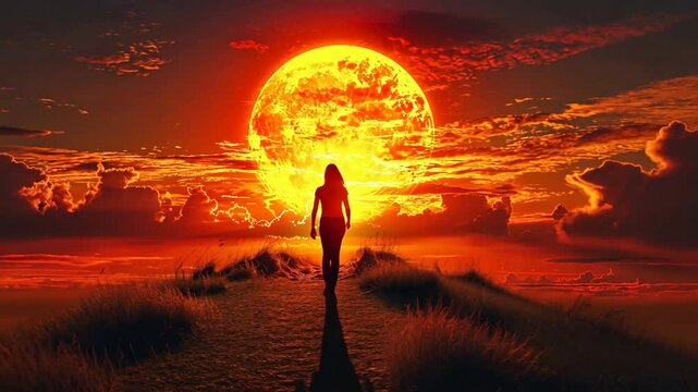 Journey to the Blazing Horizon: A lone silhouette strides towards an enormous, fiery sun dominating a dramatic, otherworldly sky. 