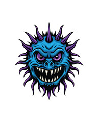 A cartoon alien monster with blue skin, purple spikes, and a menacing grin.