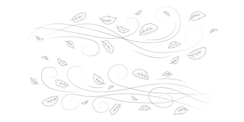 Doodle autumn leaves flying in the wind. Falling season outline backdrop, air flow leaves wave linear pattern or wind blowing doodle vector print. Autumn windy weather hand drawn monochrome background