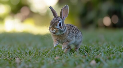 Baby rabbit hopping joyfully across a green yard, stopping to bite grass. A playful pet loved by many, symbolizing innocence and natural curiosity.