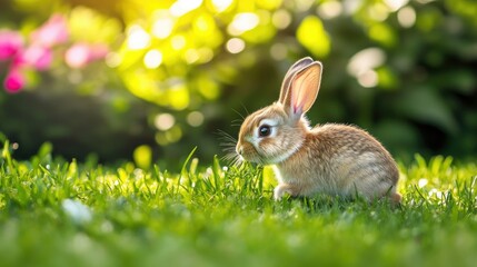 Fototapeta premium Baby rabbit playfully hopping and biting grass in a vibrant yard, capturing the energetic and adorable behavior of this popular pet