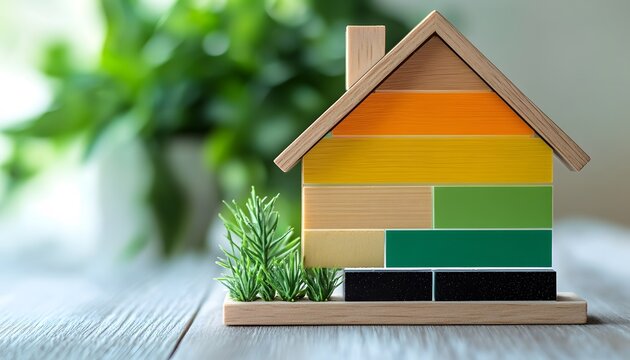 Wooden House Model with Colorful Blocks and Green Plants