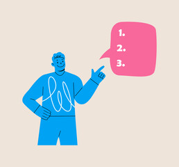 Man tells instructions for work. Indication, list of items. Colorful vector illustration