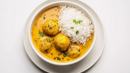 Kadhi chawal isolated on white background, indian food