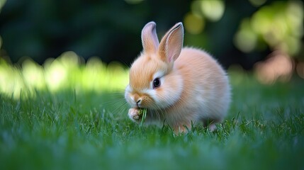 Fototapeta premium Baby rabbit playfully hopping and biting grass in a vibrant yard, capturing the energetic and adorable behavior of this popular pet