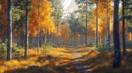 Fototapeta premium A serene forest path adorned with vibrant autumn foliage, inviting nature lovers to explore its peaceful beauty.