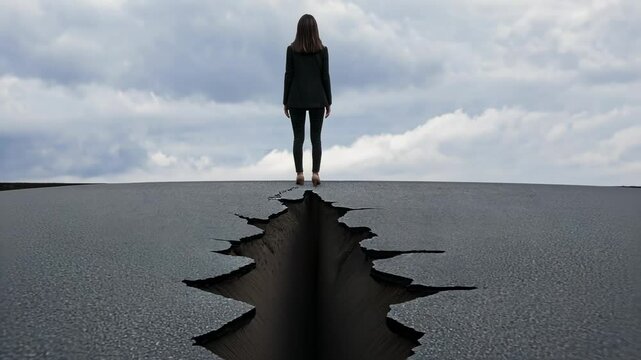 A woman standing at the edge of a large cracked pavement symbolizes challenges and obstacles, related to New Year's resolutions and personal growth
