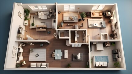 A 3D representation of a house's floor layout from above. An open-concept apartment design