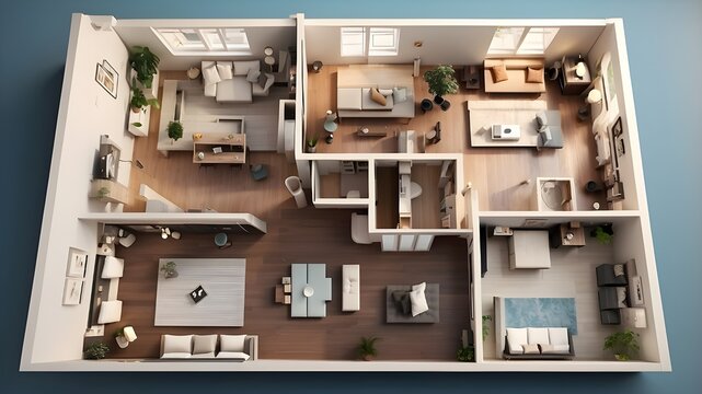 A 3D representation of a house's floor layout from above. An open-concept apartment design