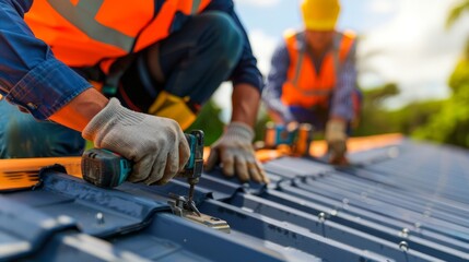 Close-up of construction worker's hands fastening roofing tiles with a nail gun, with a partially completed roof and construction site in the background