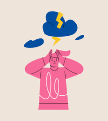 Anxiety and stress concept. Depressed female and a cloud with lightning above their head. Colorful vector illustration