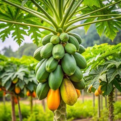 Papaya tree with green and ripening papaya fruits