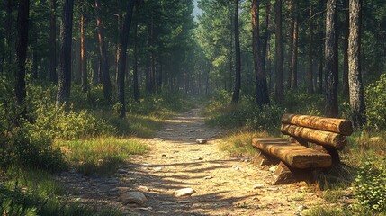 Fototapeta premium A serene forest path lined with tall trees and a rustic wooden bench, inviting tranquility and peaceful reflection in nature.
