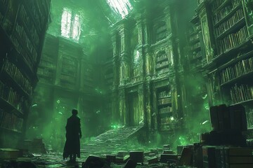 eerie scene of a zombified teacher in a decaying library surrounded by floating books and ghostly apparitions