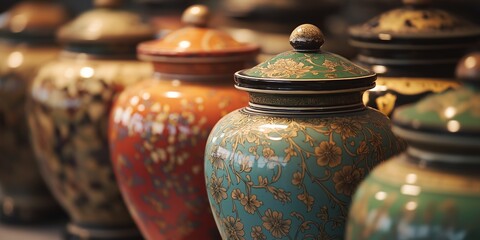 A row of vases with different colors and designs. The vases are arranged in a line, with some taller and some shorter. Scene is one of variety and diversity