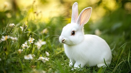 Fototapeta premium Beautiful white bunny outdoors on a farm, close-up shot capturing its soft fur and curious expression, surrounded by grass and natural farm scenery