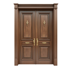 A classic wooden door with ornate brass handles isolated on transparent background (3)