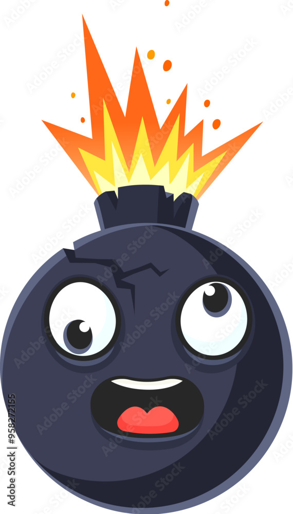 Poster cartoon bomb character with crazy funky face in boom explosion, vector emoji. funny comic bomb or ca