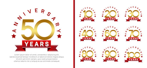 anniversary set logotype. vector design golden color with red ribbon can be use for celebration