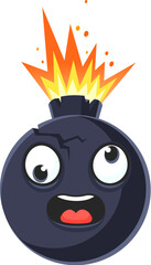 Cartoon bomb character with crazy funky face in boom explosion, vector emoji. Funny comic bomb or cannonball and TNT dynamite explosive ball character with exploding freaky scared face emotion
