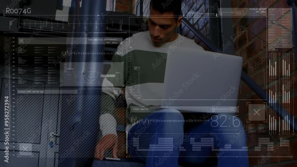 Poster using laptop and smartphone, man with data processing animation over him
