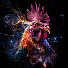 Head of a rooster formed from colorful smoke and light